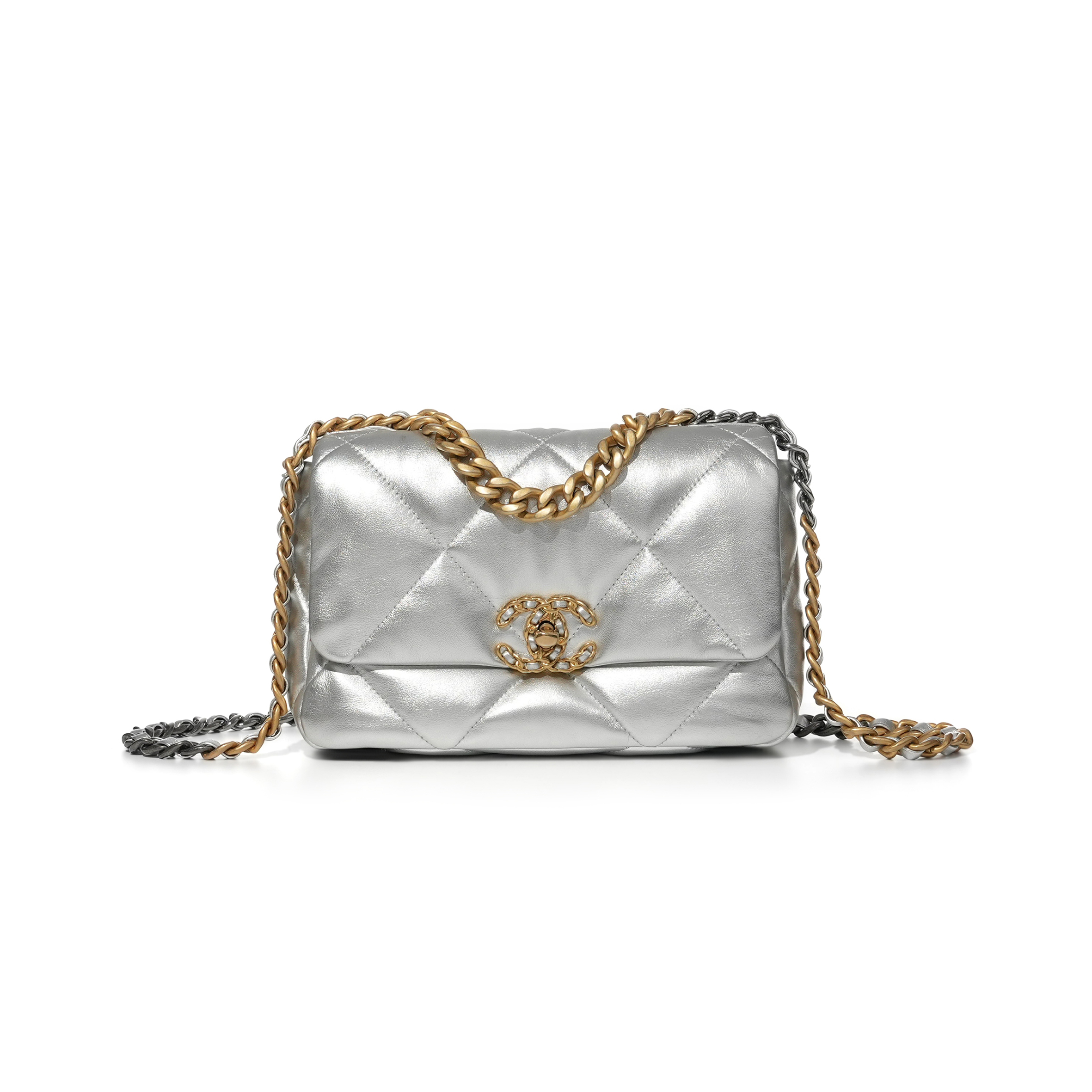 CHANEL 19 FLAP BAG SILVER QUILTED LAMBSKIN GOLD AND RUTHENIUM HARDWARE AS1160 (26*16*9cm)